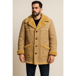 Vintage 70s Marlboro Man Lakeland Sheep Suede Shearling Tan Western Coat Size 44